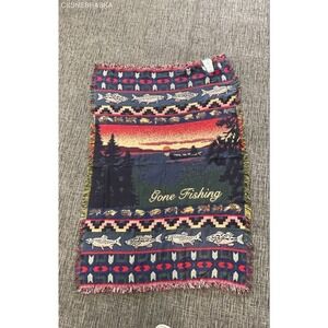 JCPenney Gone Fishing Woven Throw Blanket 46x67 100% Cotton Jacquard USA NWT